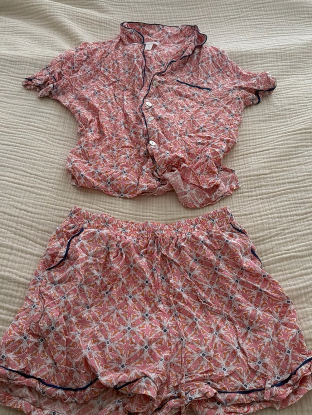 Japna Pink Floral Short Pajama Set with Navy Trim
